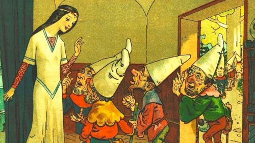Illustration from a 1905 edition of Grimms' Fairy Tales. The dwarfs warn Snow White not to accept anything from strangers. (Illustration: Franz Jüttner, uploaded to Wikimedia Commins by Andreas Praefcke )